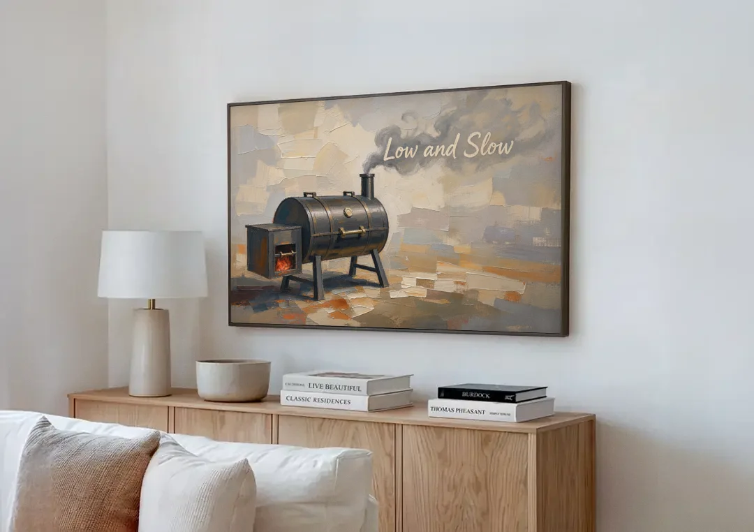 BBQ Decor Low and Slow Offset Smoker canvas wall art above a wooden sideboard next to a sofa
