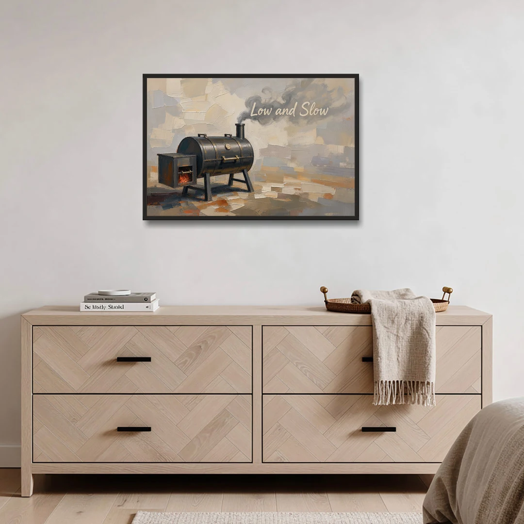 BBQ Decor Low and Slow Offset Smoker - Black Framed Canvas Wall Art - Coffee Table - 36x24