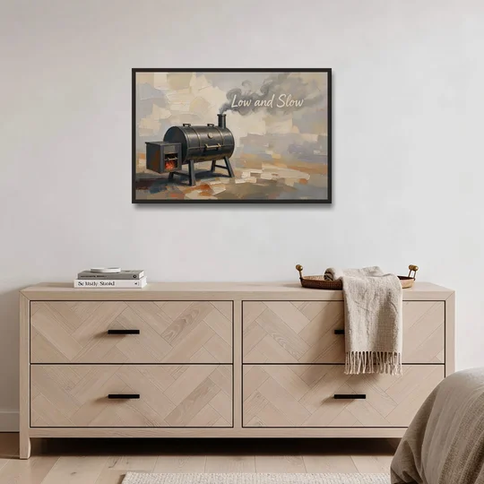 BBQ Decor Low and Slow Offset Smoker - Black Framed Canvas Wall Art - Coffee Table - 36x24