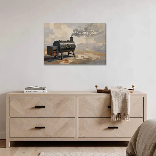 BBQ Decor Low and Slow Offset Smoker - Canvas Wall Art - Coffee Table - 36x24