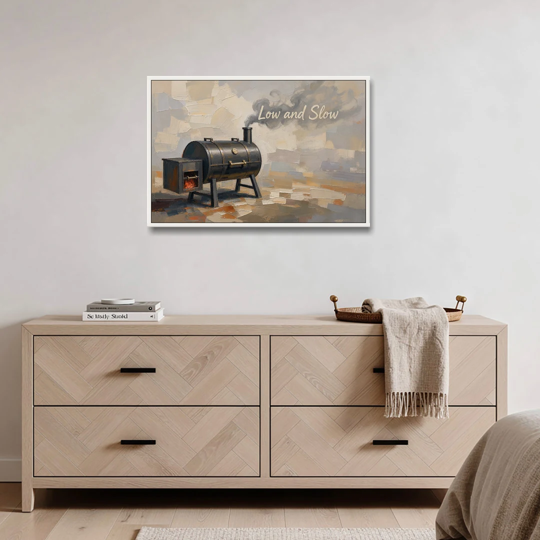 BBQ Decor Low and Slow Offset Smoker - White Framed Canvas Wall Art - Coffee Table - 36x24