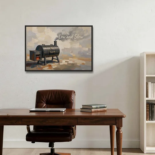 BBQ Decor Low and Slow Offset Smoker - Black Framed Canvas Wall Art - Office - 36x24
