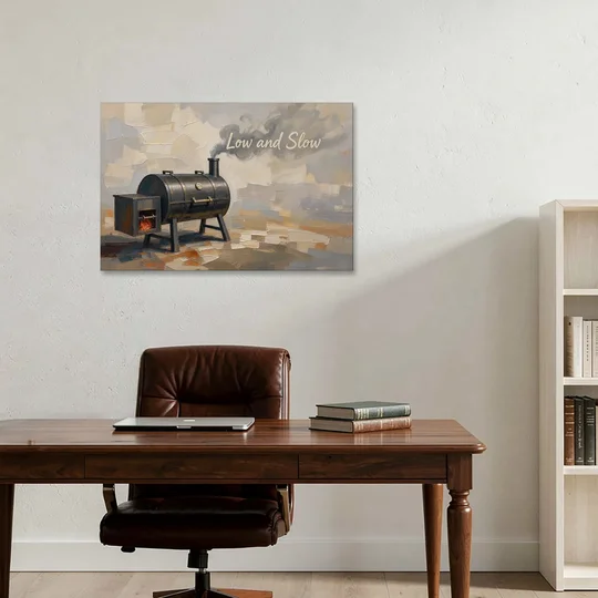 BBQ Decor Low and Slow Offset Smoker - Canvas Wall Art - Office - 36x24