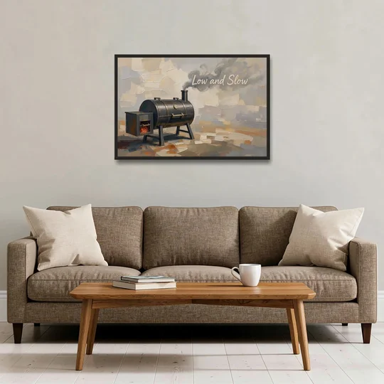 BBQ Decor Low and Slow Offset Smoker - Black Framed Canvas Wall Art - Sofa - 36x24