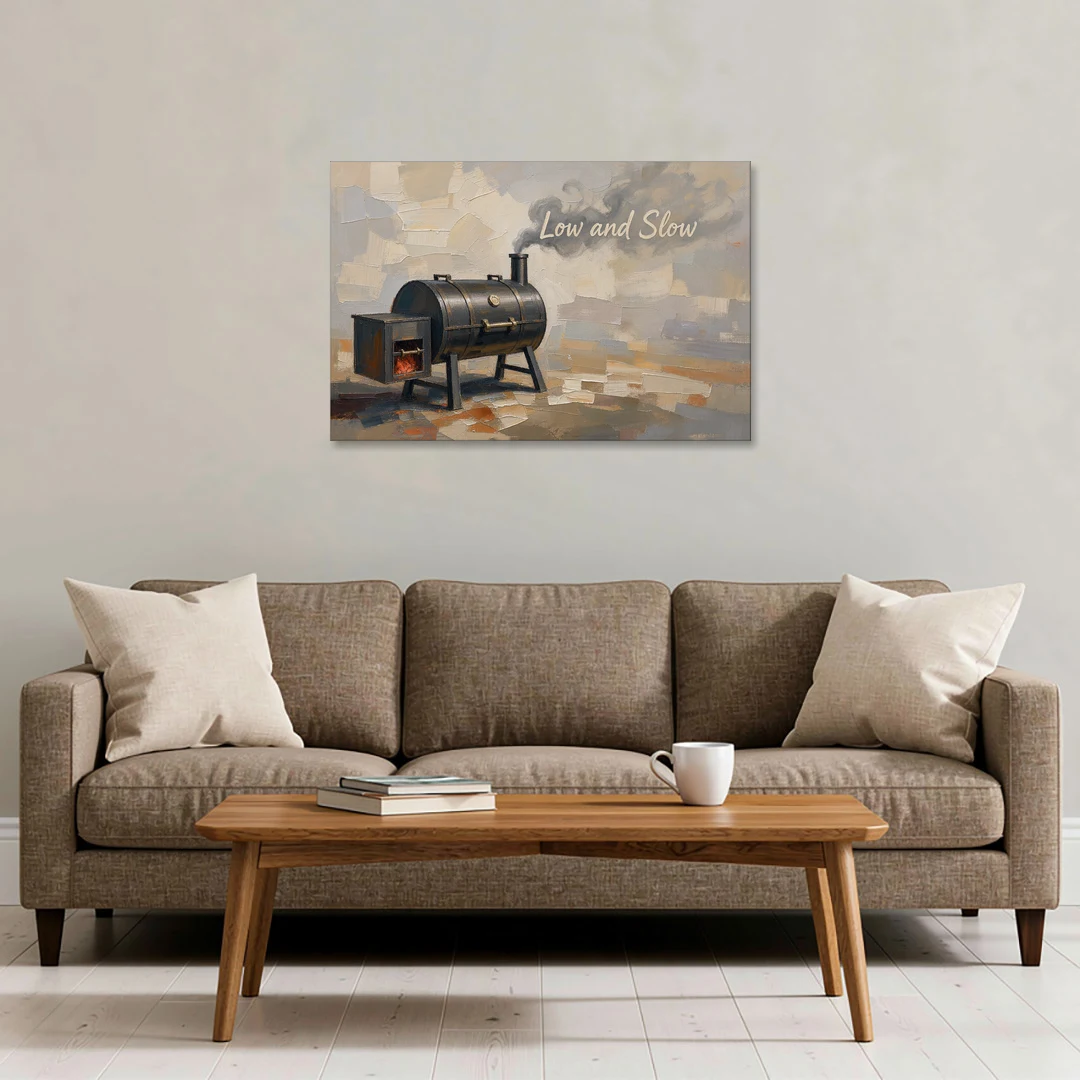 BBQ Decor Low and Slow Offset Smoker - Canvas Wall Art - Sofa - 36x24