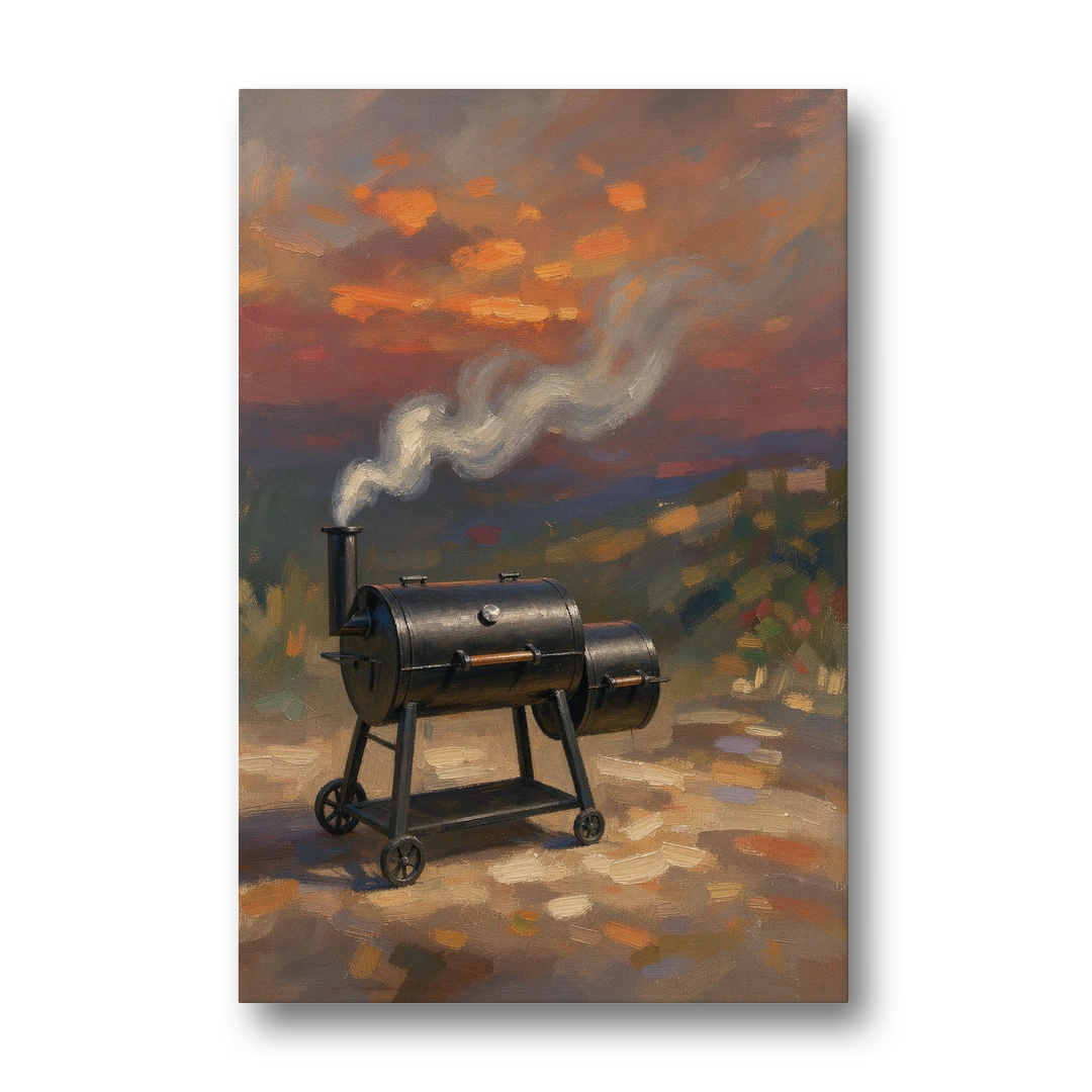 BBQ Painting Smoker Puffing at Dusk - Canvas Wall Art - Front