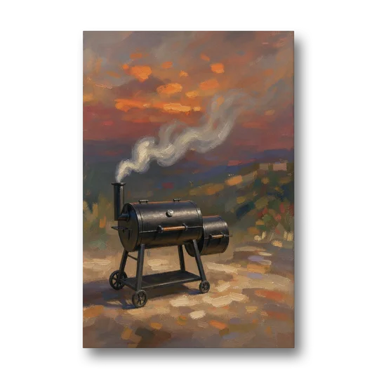 BBQ Painting Smoker Puffing at Dusk - Canvas Wall Art - Front