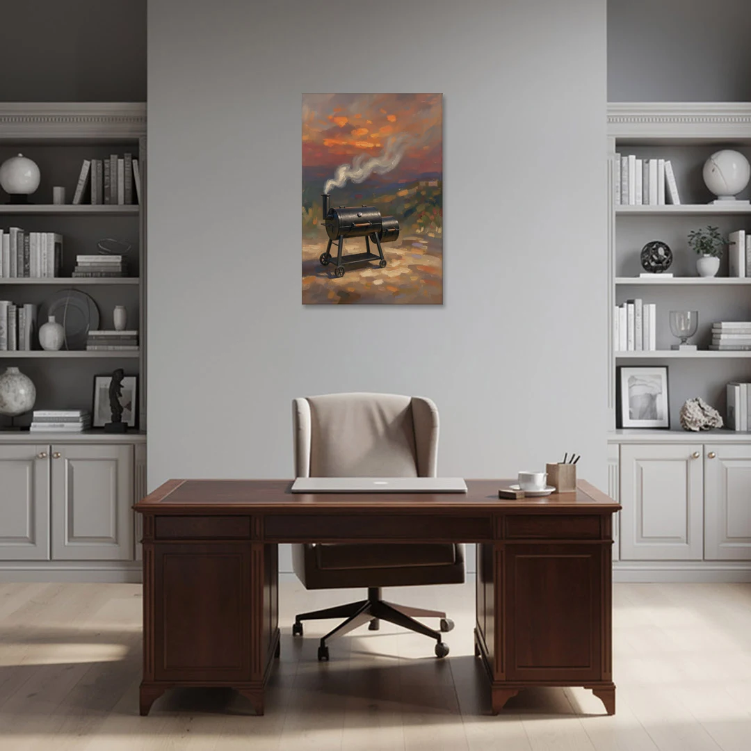 BBQ Painting Smoker Puffing at Dusk - Canvas Wall Art - Office - 24x36