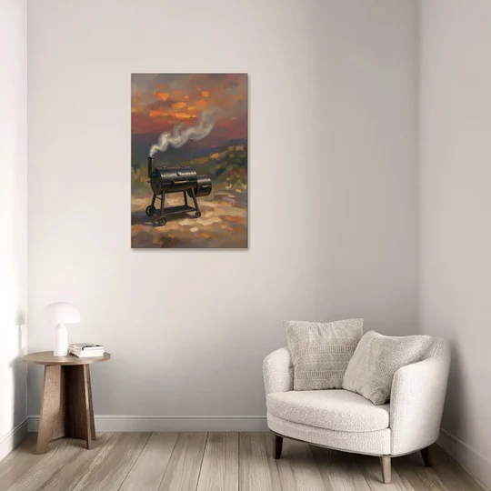 BBQ Painting Smoker Puffing at Dusk - Canvas Wall Art - Sofa - 24x36