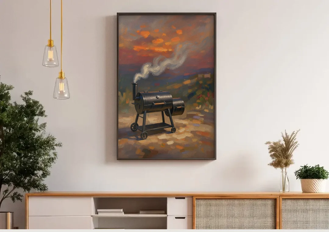BBQ Painting Smoker Puffing at Dusk canvas wall art above a wooden sideboard under pendant lights