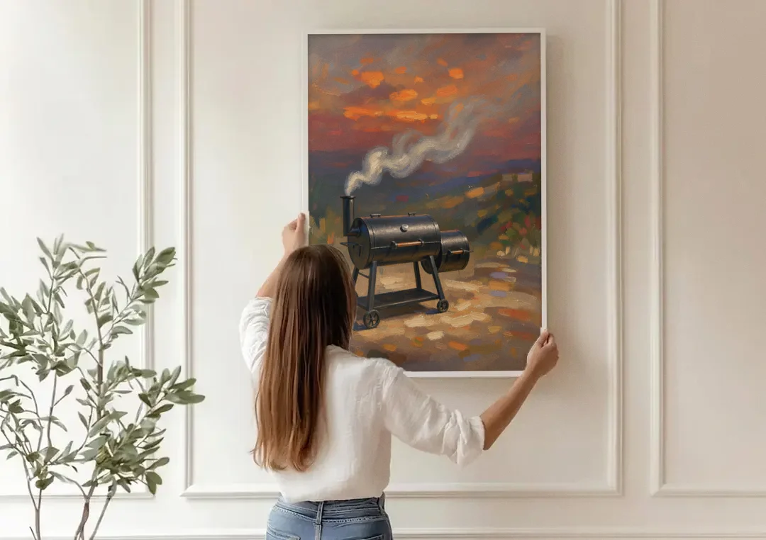 BBQ Painting Smoker Puffing at Dusk canvas wall art being hung on a paneled wall