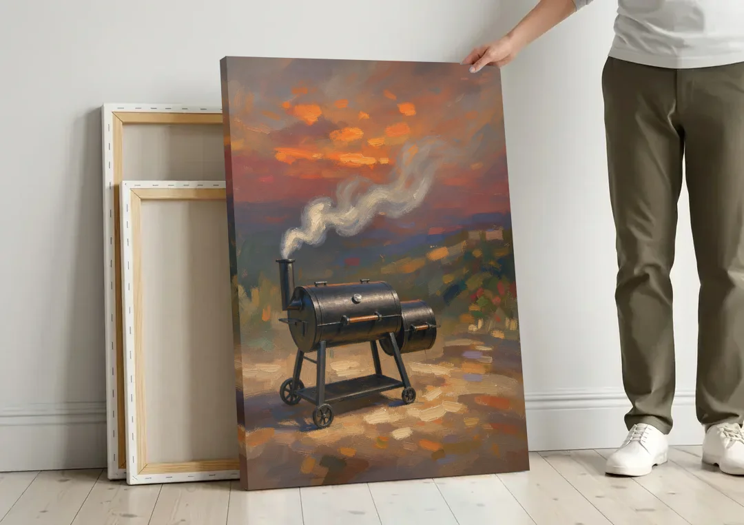 BBQ Painting Smoker Puffing at Dusk canvas wall art leaning against a wall next to blank canvases