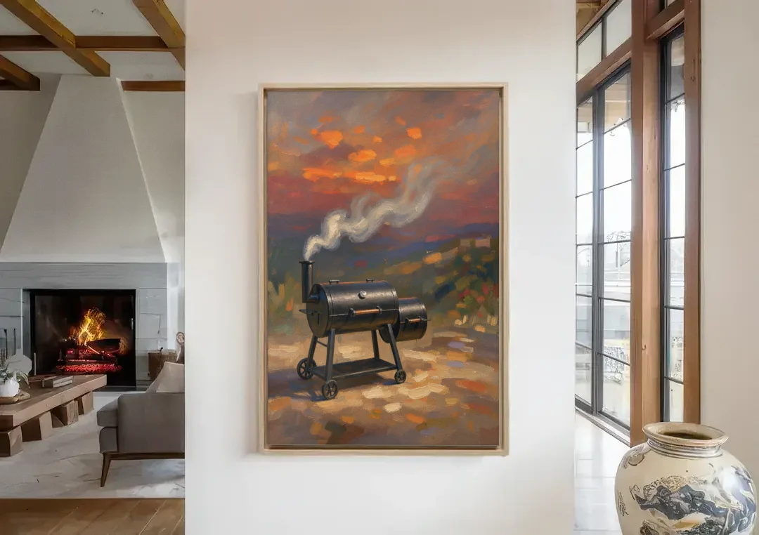 BBQ Painting Smoker Puffing at Dusk canvas wall art in a living room with a fireplace
