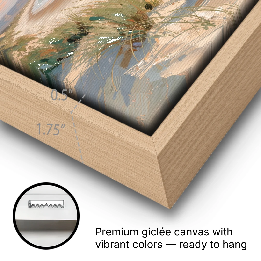 Beach Landscape Painting at First Light - Oak Framed Canvas Wall Art - Gallery Wrap Corner