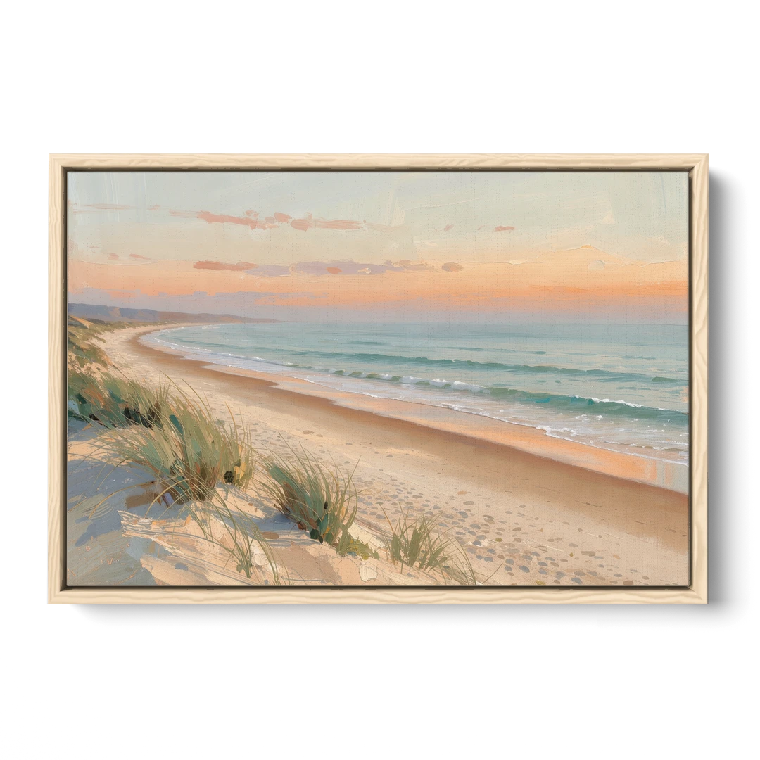 Beach Landscape Painting at First Light - Oak Framed Canvas Wall Art - Front