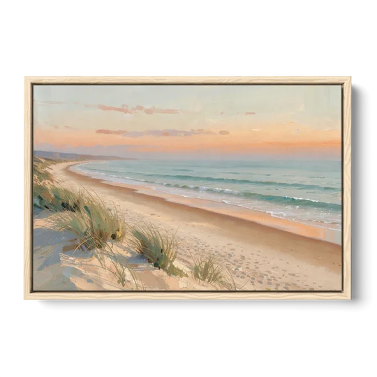 Beach Landscape Painting at First Light - Oak Framed Canvas Wall Art - Front