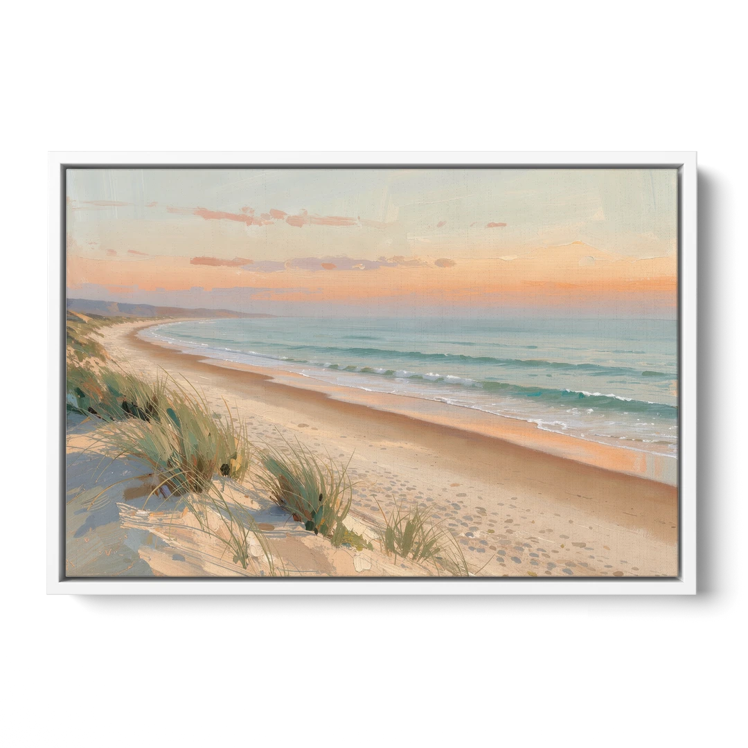 Beach Landscape Painting at First Light - White Framed Canvas Wall Art - Front