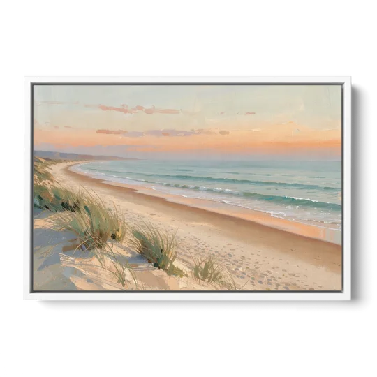 Beach Landscape Painting at First Light - White Framed Canvas Wall Art - Front