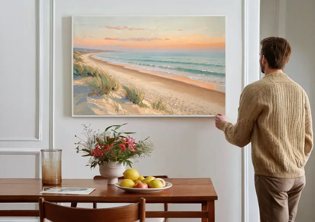 Beach Landscape Painting at First Light canvas wall art above a dining table