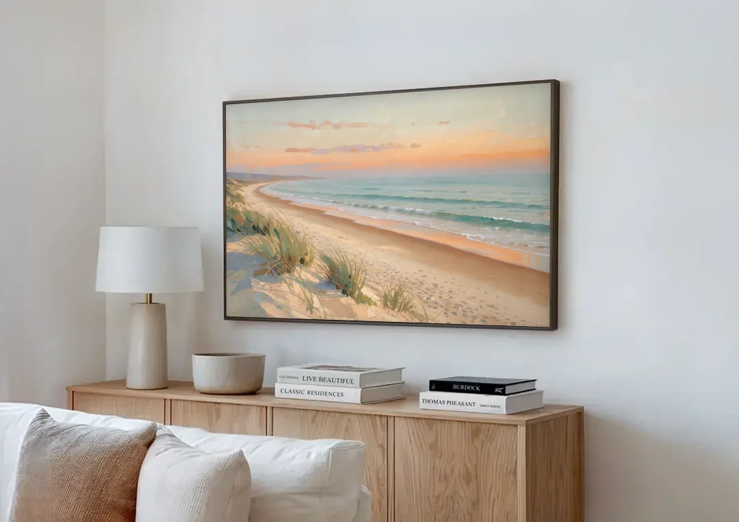Beach Landscape Painting at First Light canvas wall art above a wooden sideboard next to a sofa