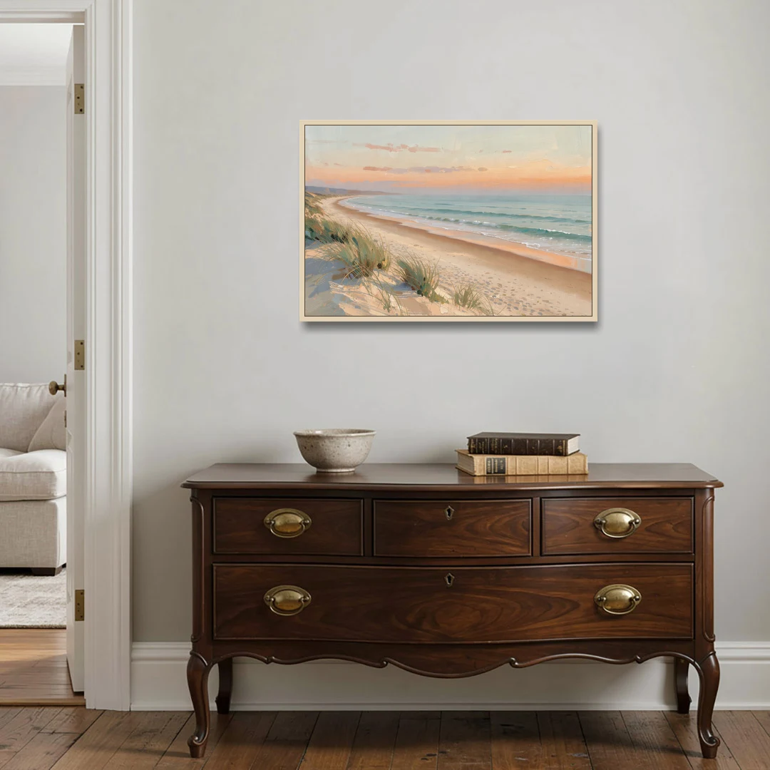 Beach Landscape Painting at First Light - Oak Framed Canvas Wall Art - Coffee Table - 36x24