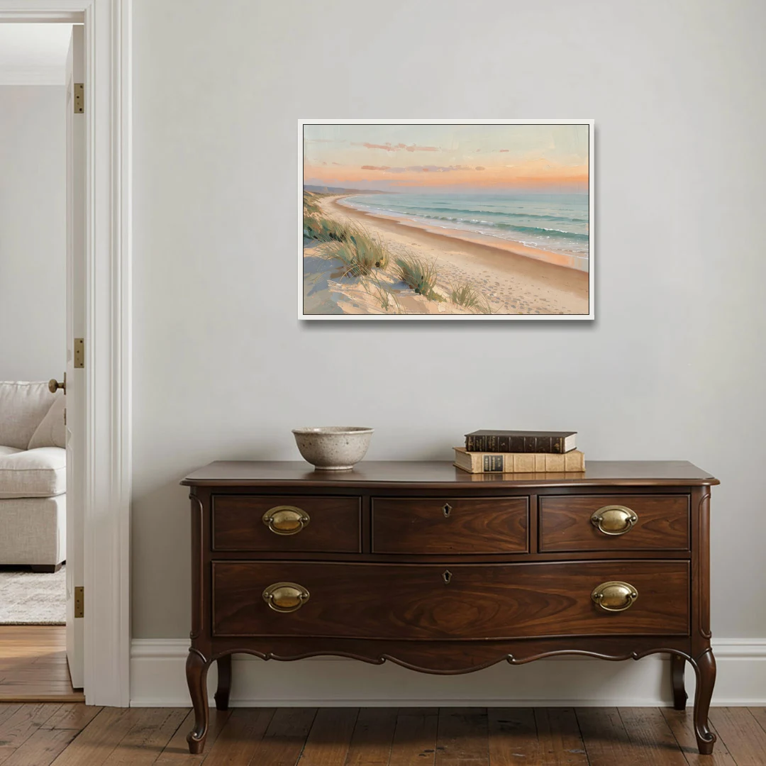 Beach Landscape Painting at First Light - White Framed Canvas Wall Art - Coffee Table - 36x24
