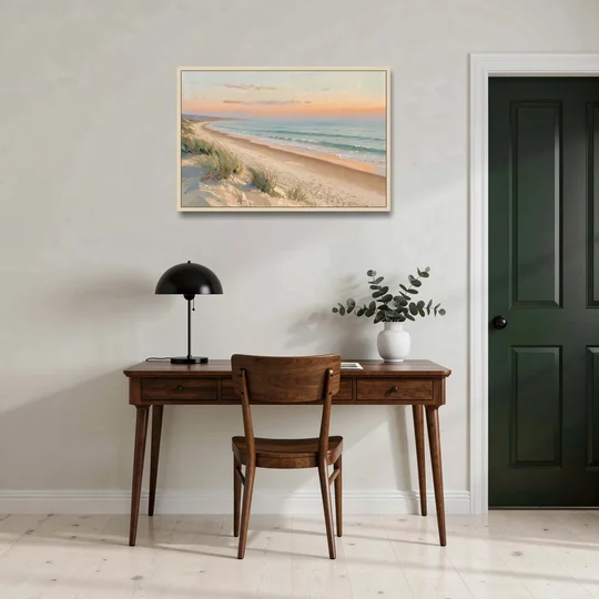 Beach Landscape Painting at First Light - Oak Framed Canvas Wall Art - Office - 36x24