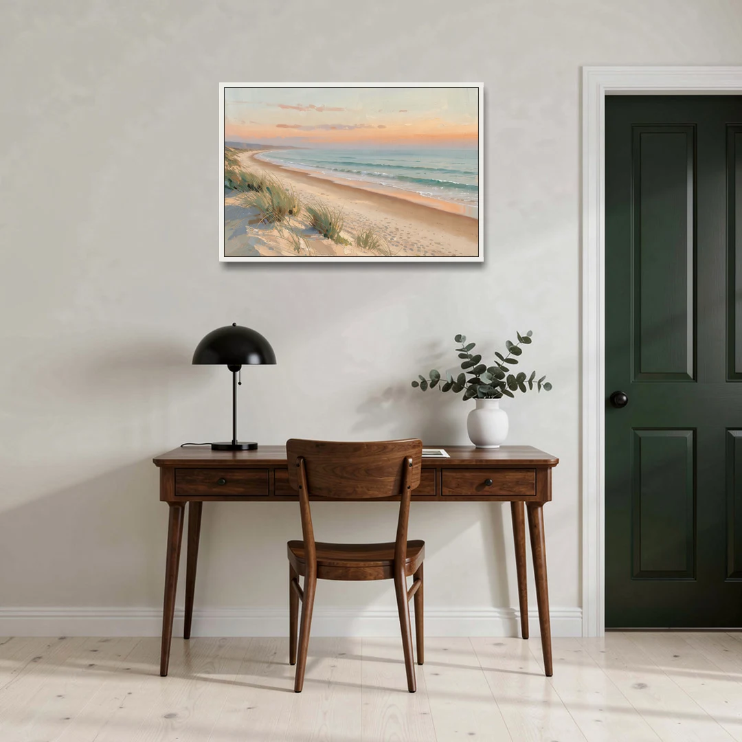 Beach Landscape Painting at First Light - White Framed Canvas Wall Art - Office - 36x24
