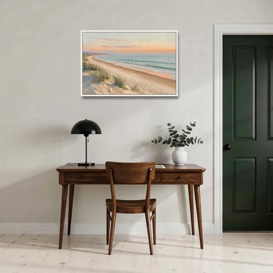 Beach Landscape Painting at First Light - White Framed Canvas Wall Art - Office - 36x24