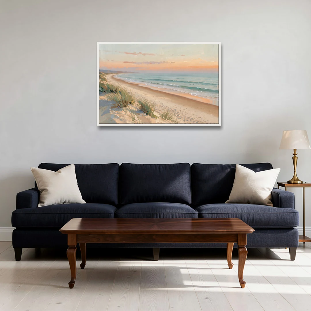Beach Landscape Painting at First Light - White Framed Canvas Wall Art - Sofa - 36x24