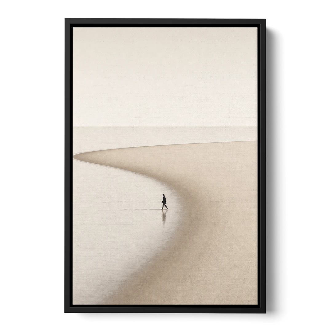 Beach Minimalist Art of a Lone Walker - Black Framed Canvas Wall Art - Front