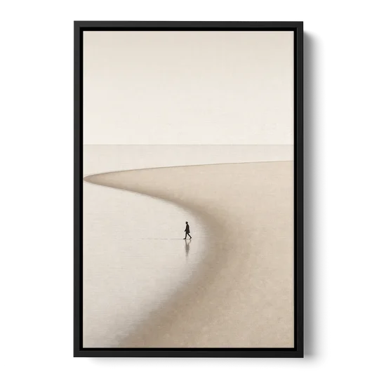 Beach Minimalist Art of a Lone Walker - Black Framed Canvas Wall Art - Front