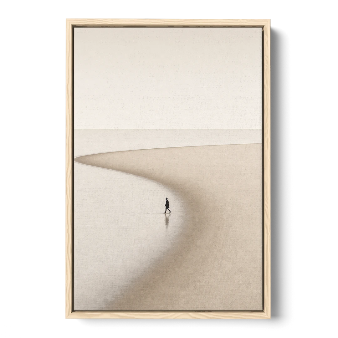 Beach Minimalist Art of a Lone Walker - Oak Framed Canvas Wall Art - Front