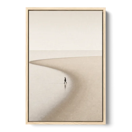 Beach Minimalist Art of a Lone Walker - Oak Framed Canvas Wall Art - Front