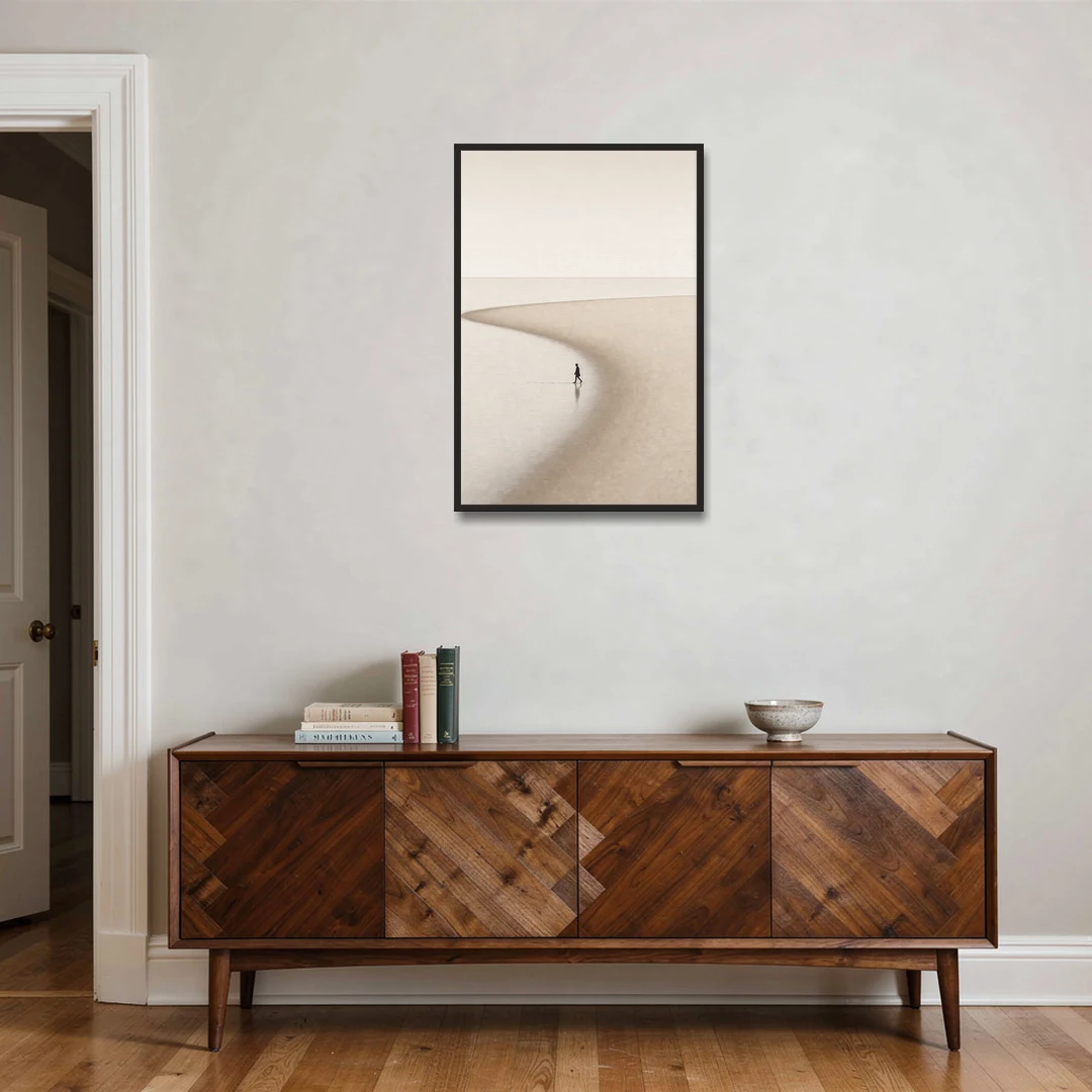 Beach Minimalist Art of a Lone Walker - Black Framed Canvas Wall Art - Coffee Table - 24x36