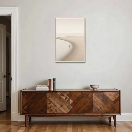 Beach Minimalist Art of a Lone Walker - Oak Framed Canvas Wall Art - Coffee Table - 24x36