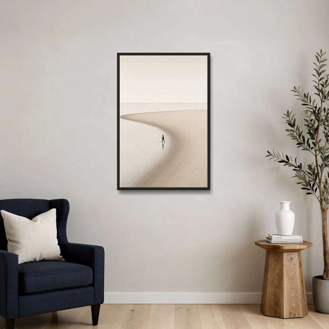 Beach Minimalist Art of a Lone Walker - Black Framed Canvas Wall Art - Sofa - 24x36