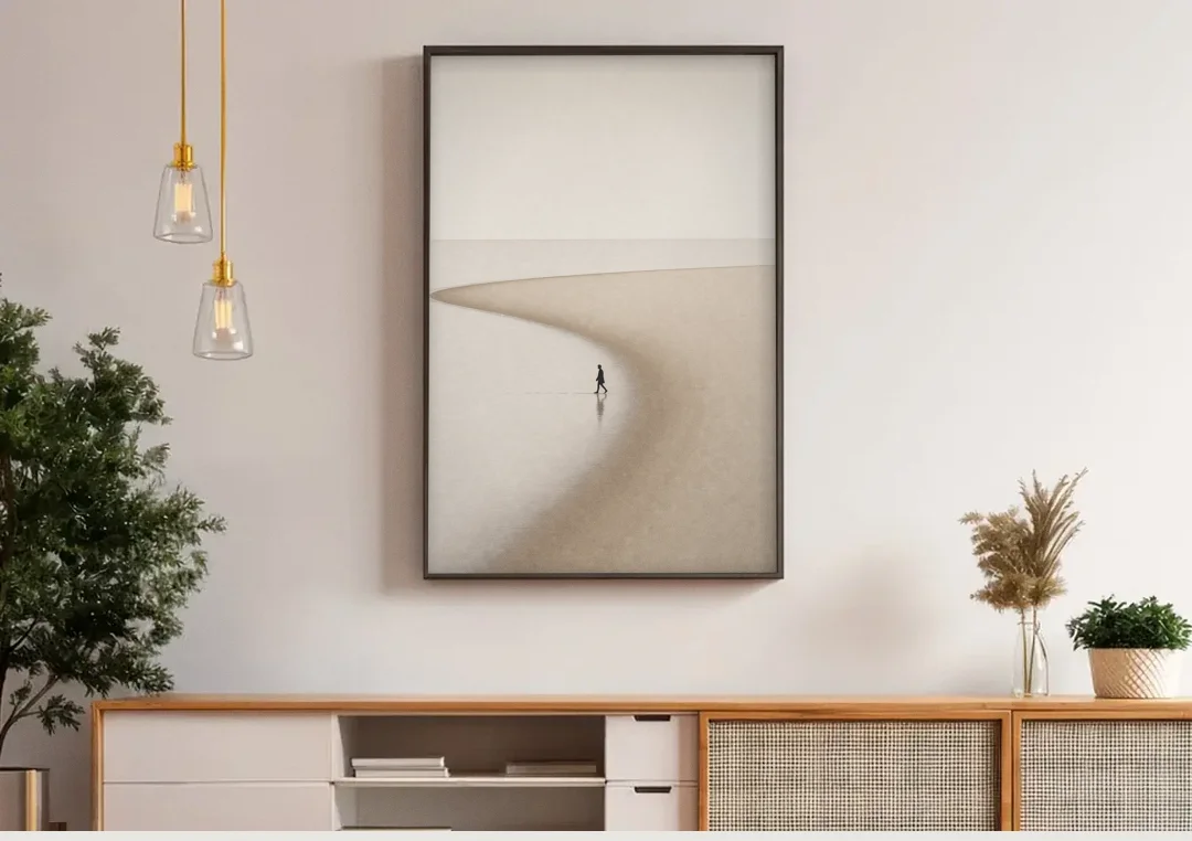 Beach Minimalist Art of a Lone Walker canvas wall art above a wooden sideboard under pendant lights