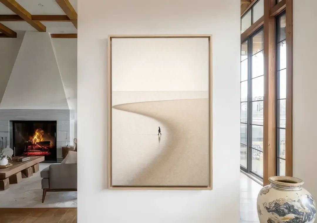 Beach Minimalist Art of a Lone Walker canvas wall art in a living room with a fireplace