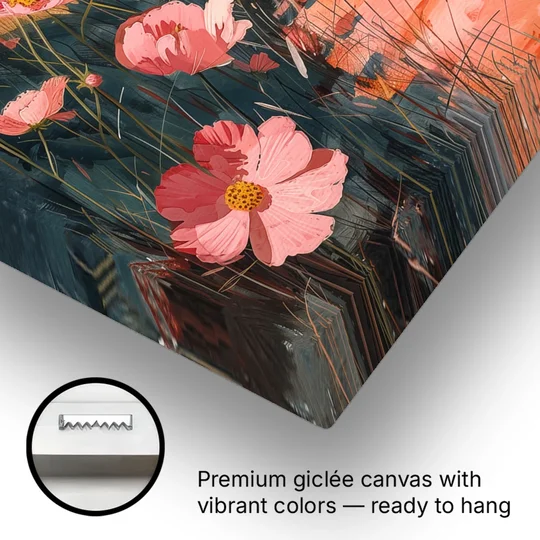 Beach Painting with Pink Cosmos Flowers - Canvas Wall Art - Gallery Wrap Corner