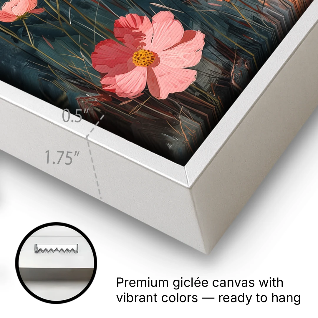 Beach Painting with Pink Cosmos Flowers - White Framed Canvas Wall Art - Gallery Wrap Corner