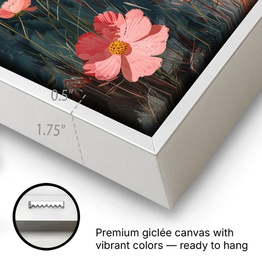 Beach Painting with Pink Cosmos Flowers - White Framed Canvas Wall Art - Gallery Wrap Corner