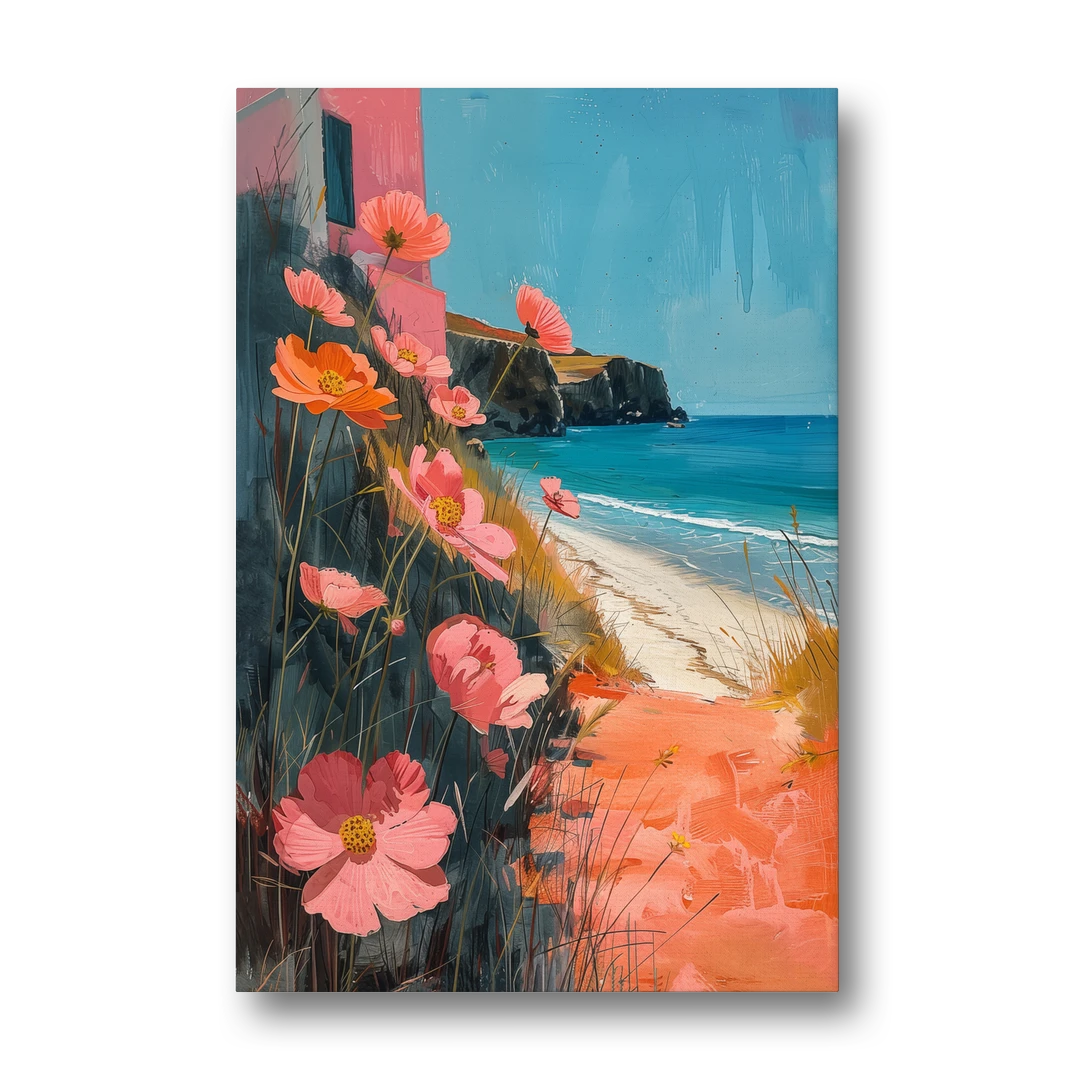 Beach Painting with Pink Cosmos Flowers - Canvas Wall Art - Front