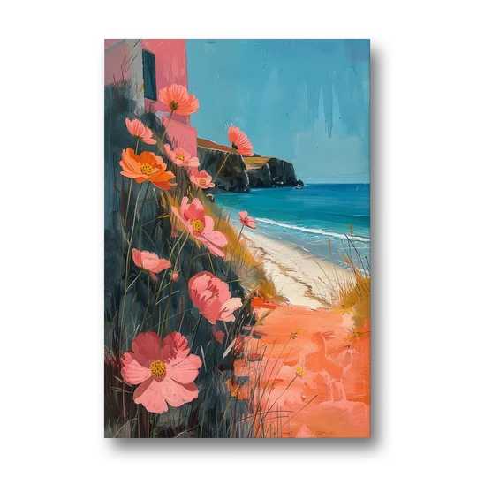 Beach Painting with Pink Cosmos Flowers - Canvas Wall Art - Front
