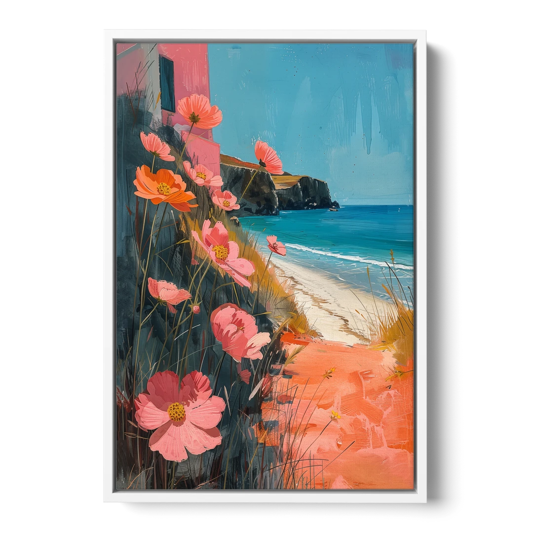 Beach Painting with Pink Cosmos Flowers - White Framed Canvas Wall Art - Front