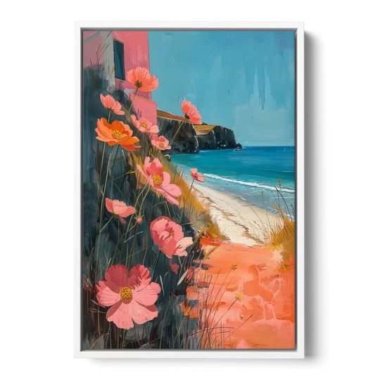 Beach Painting with Pink Cosmos Flowers - White Framed Canvas Wall Art - Front
