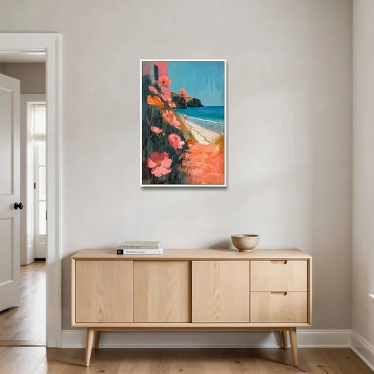 Beach Painting with Pink Cosmos Flowers - White Framed Canvas Wall Art - Coffee Table - 24x36