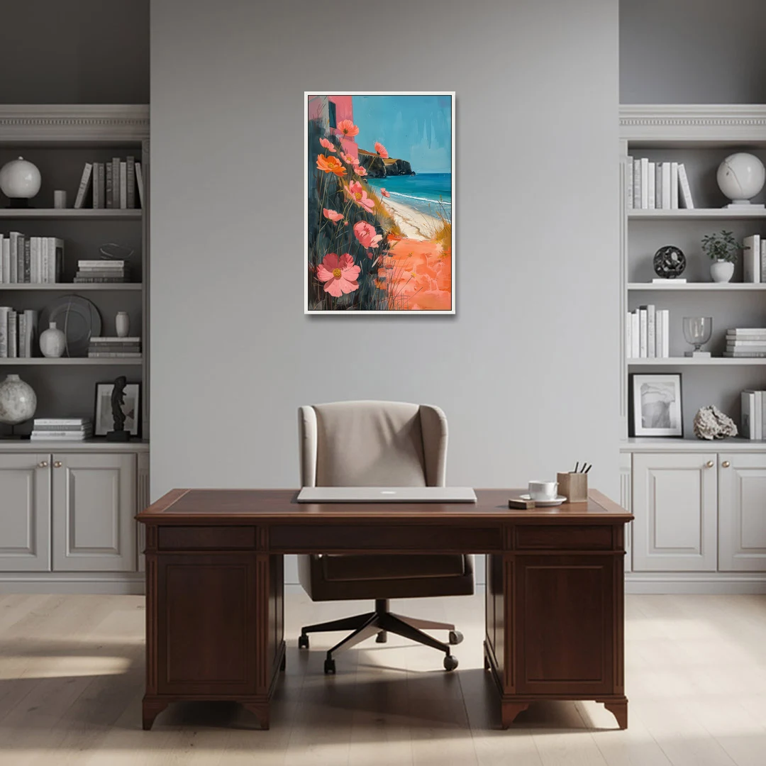 Beach Painting with Pink Cosmos Flowers - White Framed Canvas Wall Art - Office - 24x36