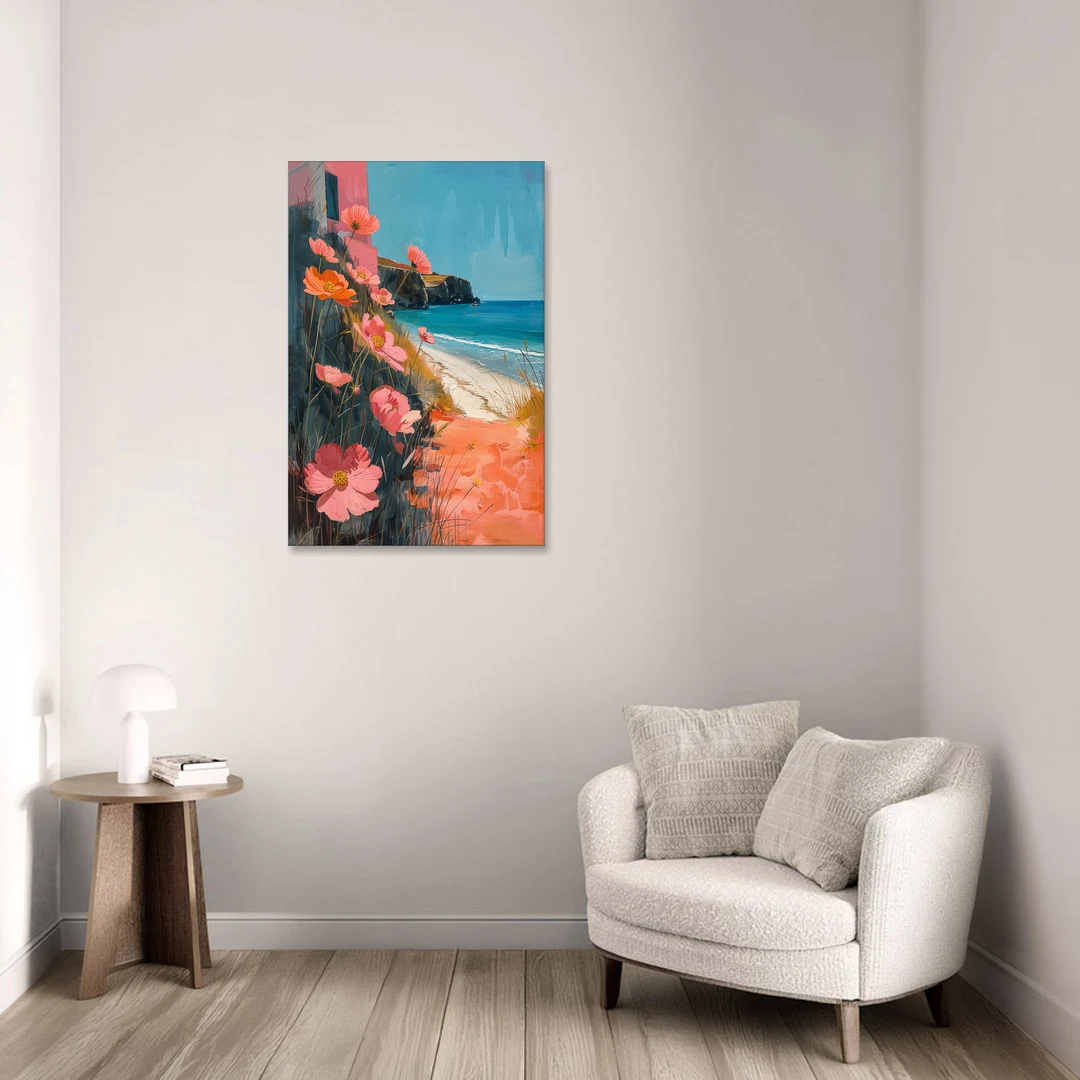 Beach Painting with Pink Cosmos Flowers - Canvas Wall Art - Sofa - 24x36