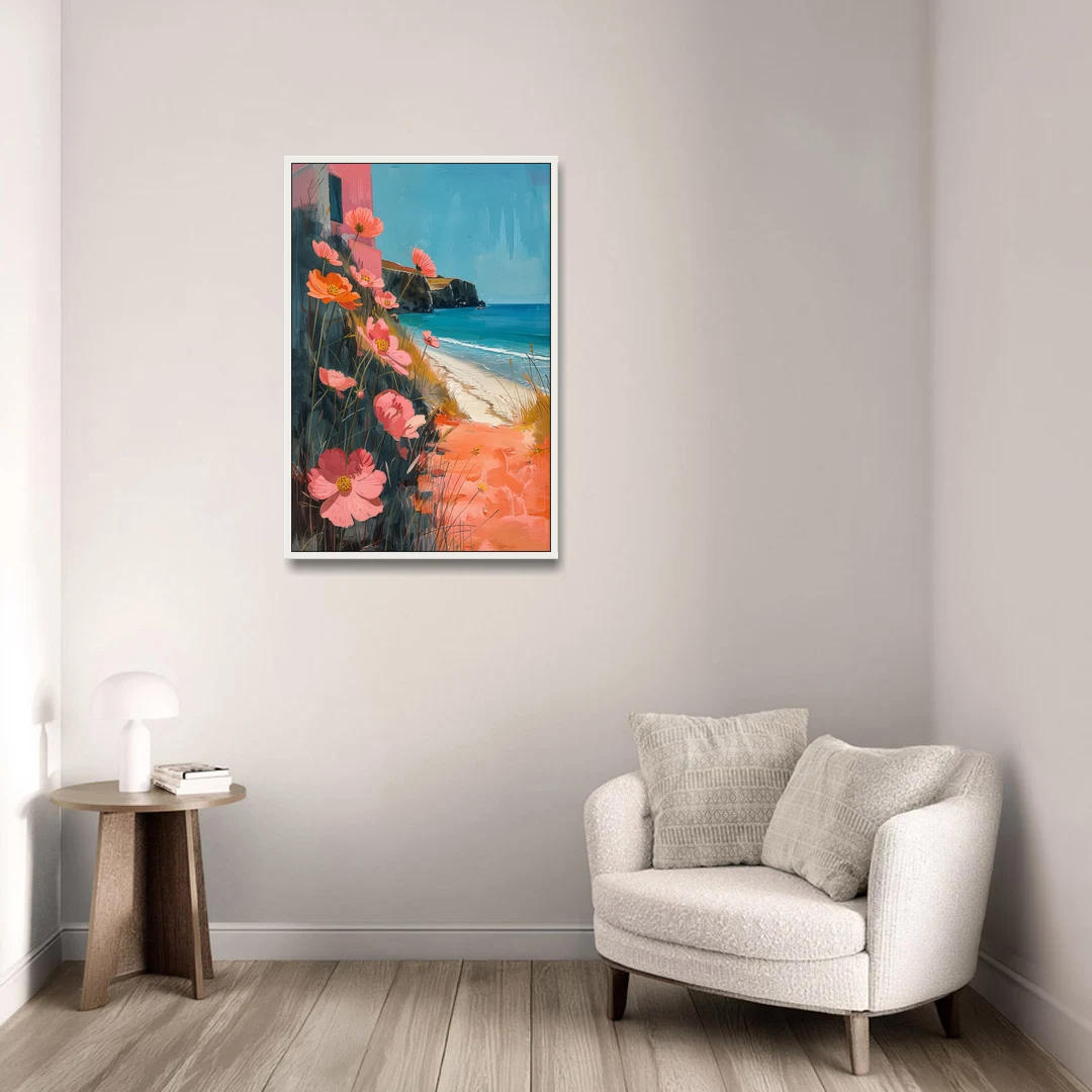 Beach Painting with Pink Cosmos Flowers - White Framed Canvas Wall Art - Sofa - 24x36